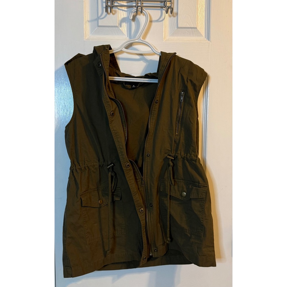 Hooded Utility Vest Olive Green Drawstring Waist Pockets Sleeveless Medium